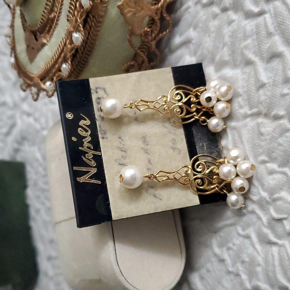 Vintage Napier Victorian Revival Faux Pearl Earrings, Never Worn